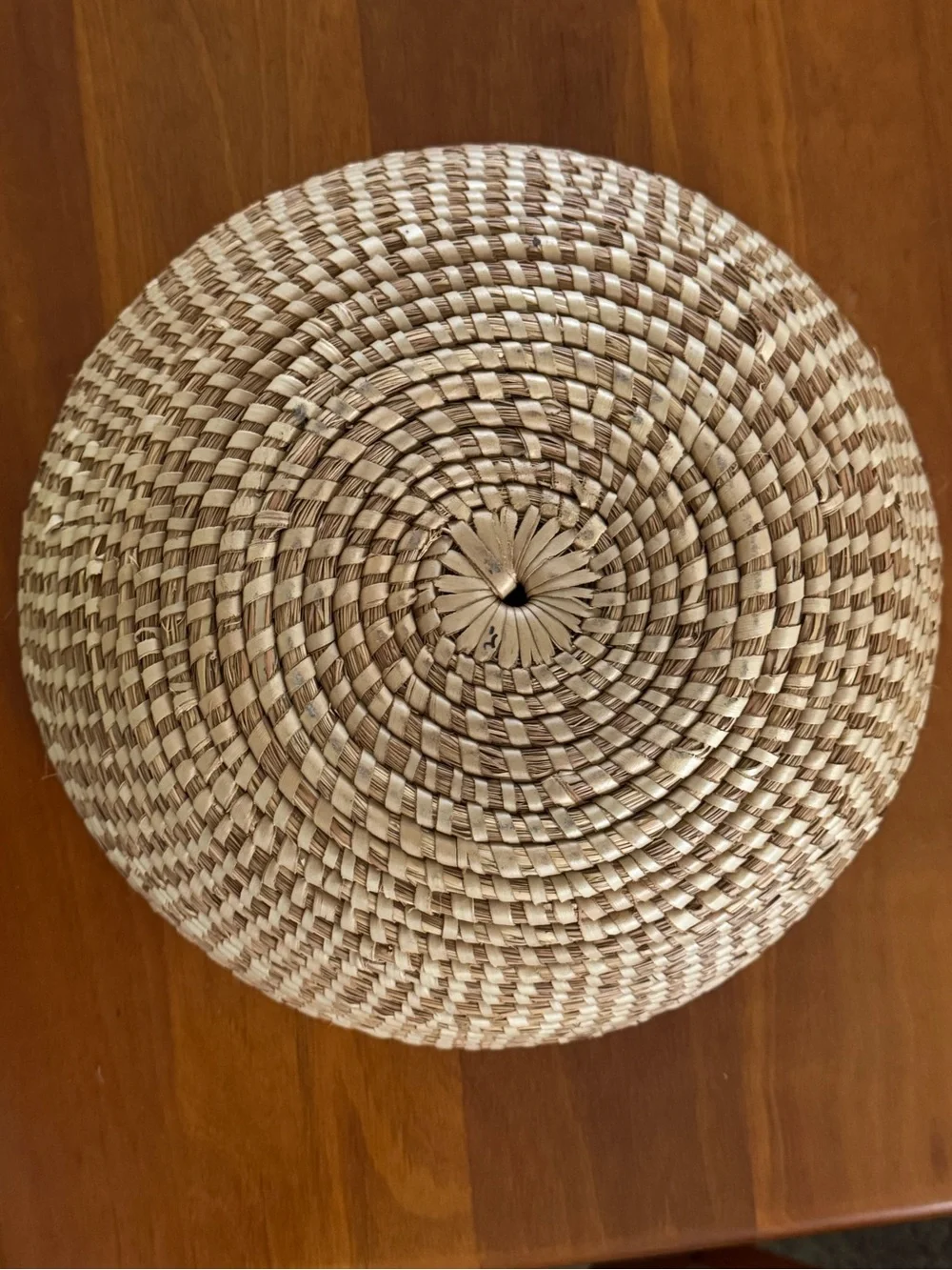 Vintage Handwoven Straw Basket Coiled Shallow Bowl Boho Decor